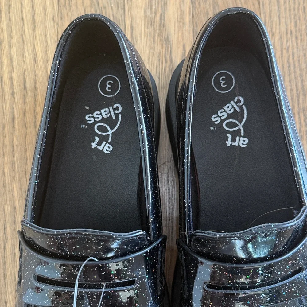 art class Black Glitter Penny Loafers for Kids - Sparkle Finish size 3